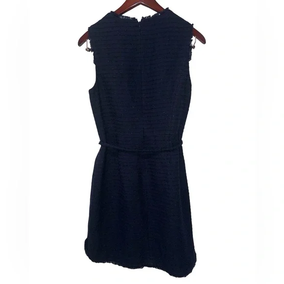 Brooks Brothers Navy Tweed Fringe Sleeveless Dress Belted Size 12 - Picture 2 of 9